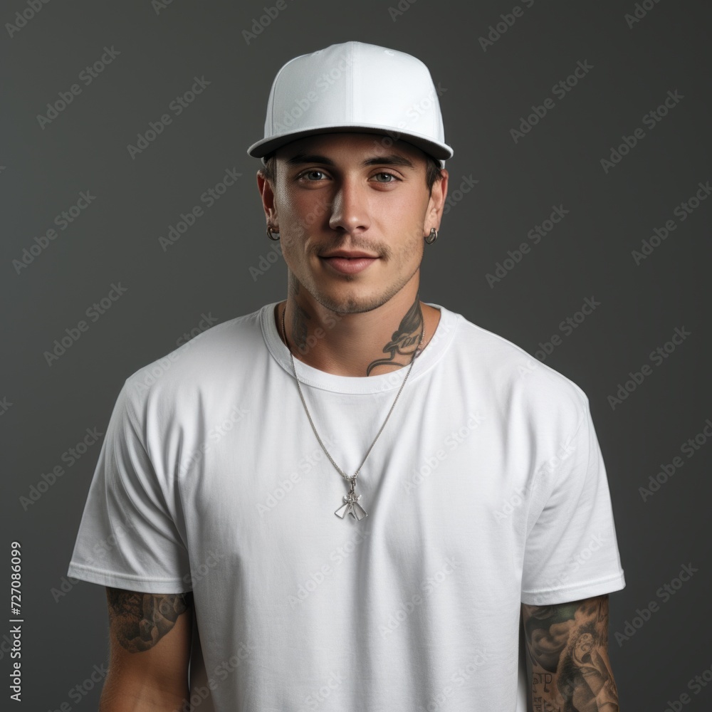 Portrait of a man with tattoos in a white shirt and a cap. Tattooed man on a gray background looking at the camera. Studio shot of an athletic man with tattoos looking forward.