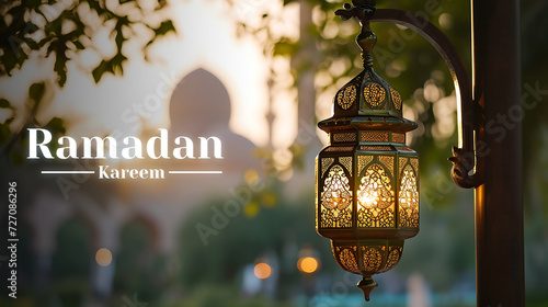 Hanging Ornamental Arabic lantern glowing at night invitation for Muslim holy month Ramadan Kareem