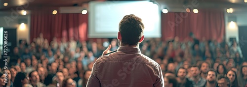 Speaker standing in front of the audience. Public speaking concept. photo