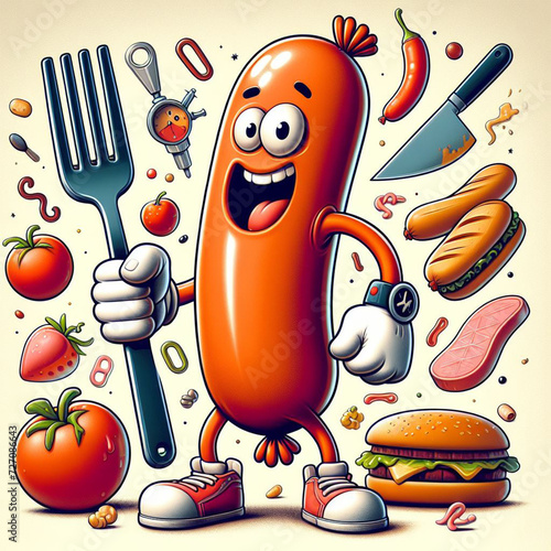 Sausage With Fork Cartoon.