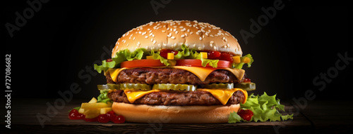 Close-up food photograph of a burger with full of vegetables and meat in dark background  