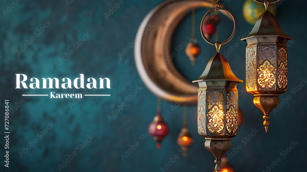 Hanging Ornamental Arabic lantern glowing at night invitation for Muslim holy month Ramadan Kareem Hanging Ornamental Arabic lantern glowing at night invitation for Muslim holy month Ramadan Kareem