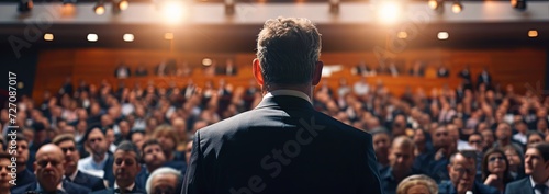 Speaker standing in front of the audience. Public speaking concept. © Simon