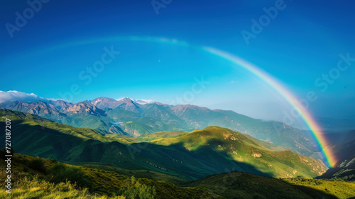 Beautiful rainbow in green mountain valley with green hills with copy space. Ecotourism concept. Generative AI © AngrySun