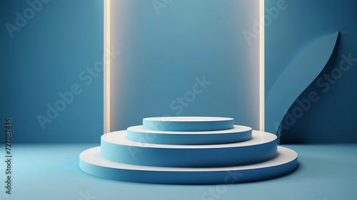 Geometric podium mockup for product presentation blue background, and led details