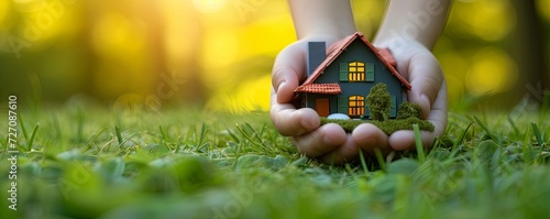 Small house in a human hand. New home, business, investment and real estate concept. photo