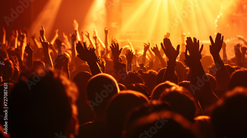 Silhouette of ecstatic crowd rejoicing at an electrifying concert under vibrant lights. Embrace the contagious energy of live music with this captivating image.