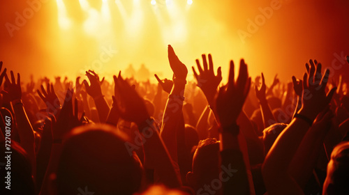 Silhouette of ecstatic crowd rejoicing at an electrifying concert under vibrant lights. Embrace the contagious energy of live music with this captivating image.