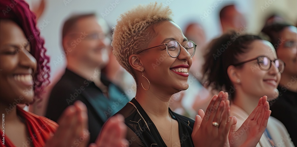 Obraz premium A smiling business woman applauds at a business conference.