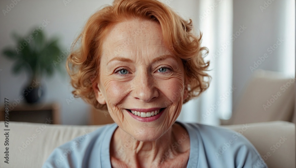 Close-up of a content elderly woman with red hair, smiling peacefully at home, reflecting a life well-lived. Close-up of a content elderly woman with red hair, smiling peacefully at home, reflecting a life well-lived.