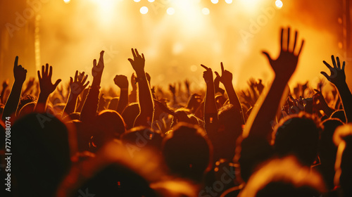 Silhouette of a euphoric crowd cheering and waving hands at a massive concert, creating an electrifying atmosphere. Perfect for illustrating the energy of live shows and the unity of music l