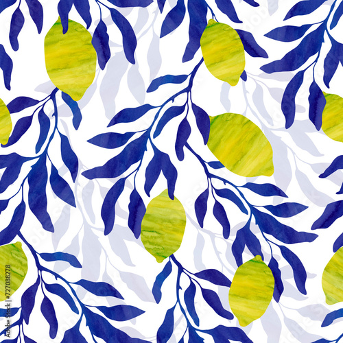 Seamless pattern with yellow lemon fruits and blue branches on a white background. Watercolor collage. Design for fabric, packaging, wrapping, cover.