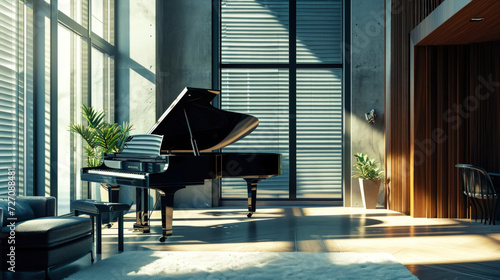 Classic grand black piano in aesthetic minimalist style room interior full of light. Musical concept. Generative AI photo