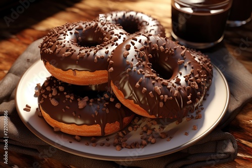 Glazed donuts with chocolate glaze on plate, closeup, Ai Generated