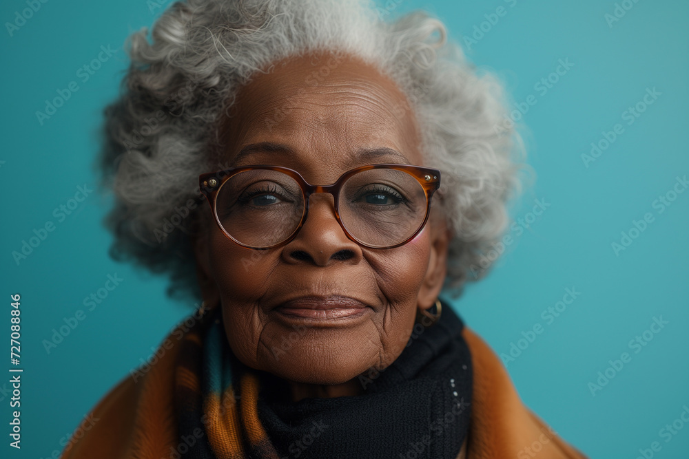 portrait of an elderly woman in glasses on a blue background portrait of an elderly woman in glasses on a blue background