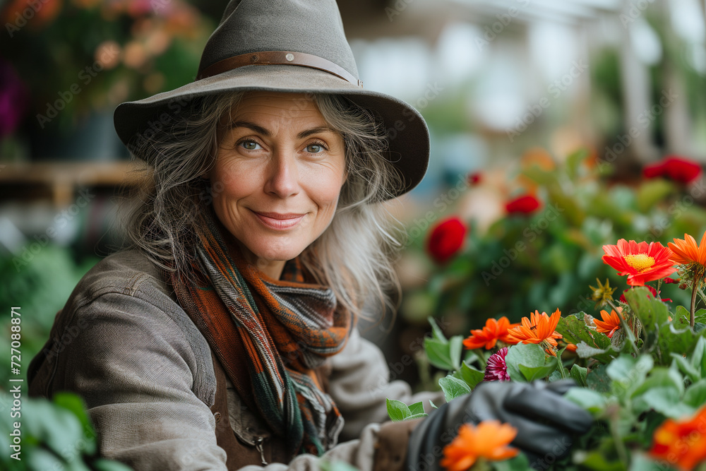 Middle-aged woman in a hat and gardening gloves takes care of flowers in the garden