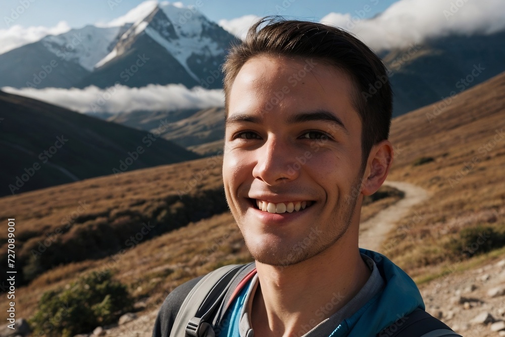 Handsome hiker hiking on a rocky mountain above clouds with copy space.