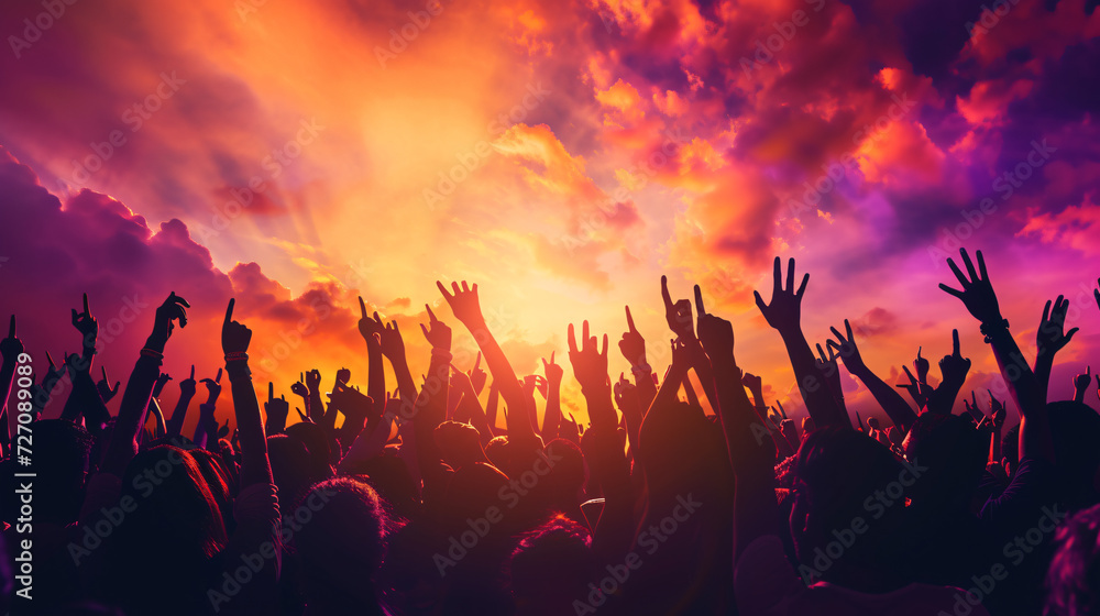 Dynamic silhouette of a euphoric crowd cheering at an electrifying concert, capturing the energy and excitement of live music. - obrazy, fototapety, plakaty 