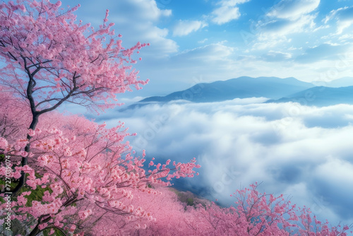 Capturing the Beauty of Dawn with a Sea of Clouds and Cherry Blossoms.