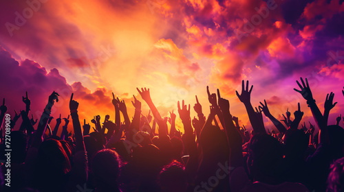 Dynamic silhouette of a euphoric crowd cheering at an electrifying concert, capturing the energy and excitement of live music. photo