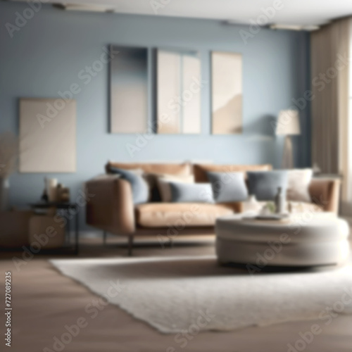 A blurred background image of a cozy, modern living room with stylish furniture, soft lighting, and contemporary art pieces.