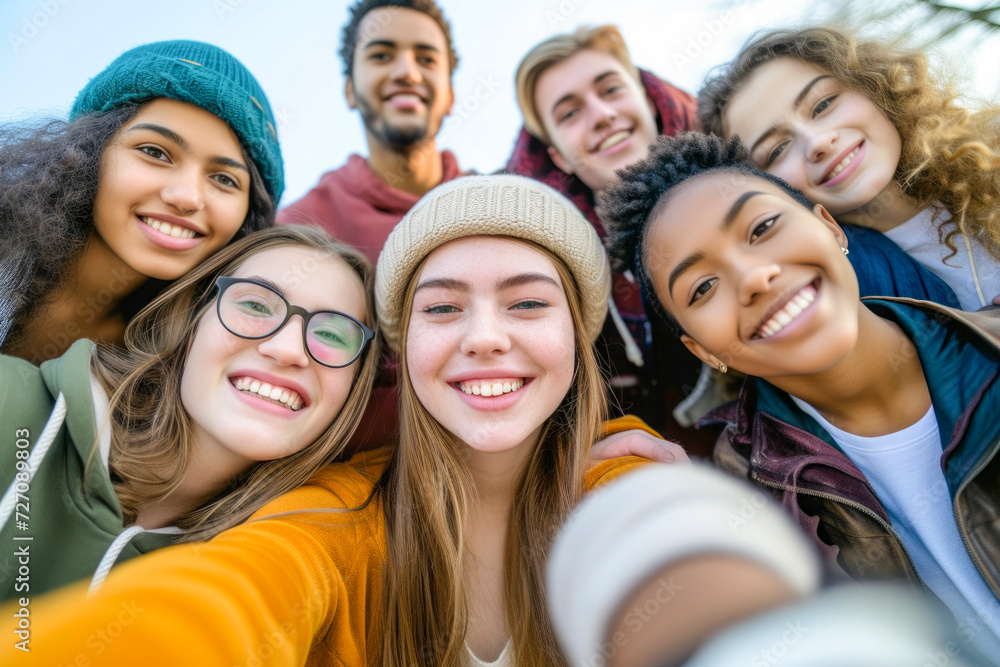Obraz premium International group of young people smiling together at camera - Happy friends taking selfie pic