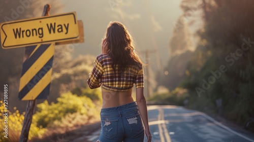 Lost and indecisive woman standing at crossroad with a sign that says  wrong way photo