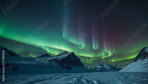 A vast glacier landscape under the northern lights, with a clear, starry sky above Generative AI © Haroon