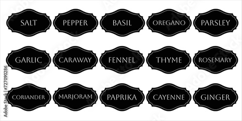 Set of vector kitchen sticker. Spice pepper label, herb tag, spicy emblem, paper, salt, ginger, thyme, sugar, jar label.