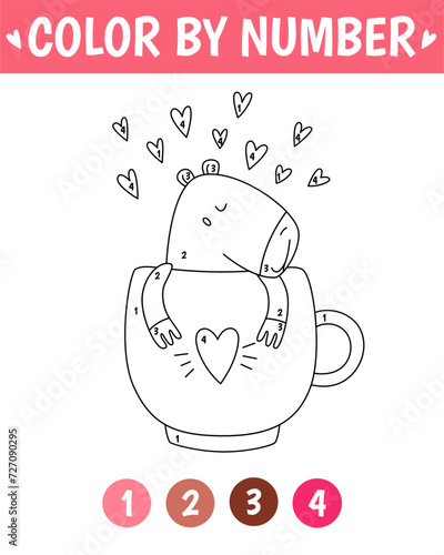 Color by number game for kids. Cute lovely capybara in cup. Valentine day coloring book. Printable worksheet with solution for school and preschool. Learning numbers activity.