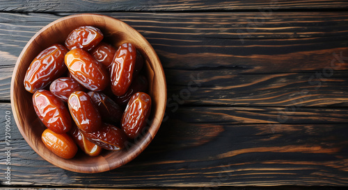 dates in the plate on top wooden table and black background