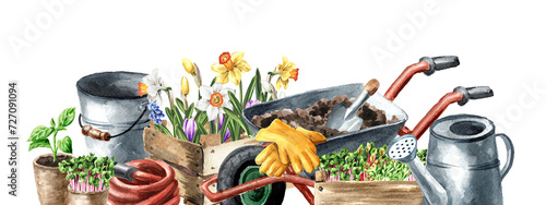 Garden tools, garden center concept, Hand drawn watercolor illustration, isolated on white background