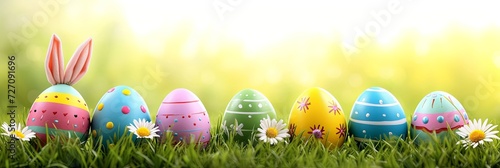 Colorful Easter eggs in the grass. Easter background.