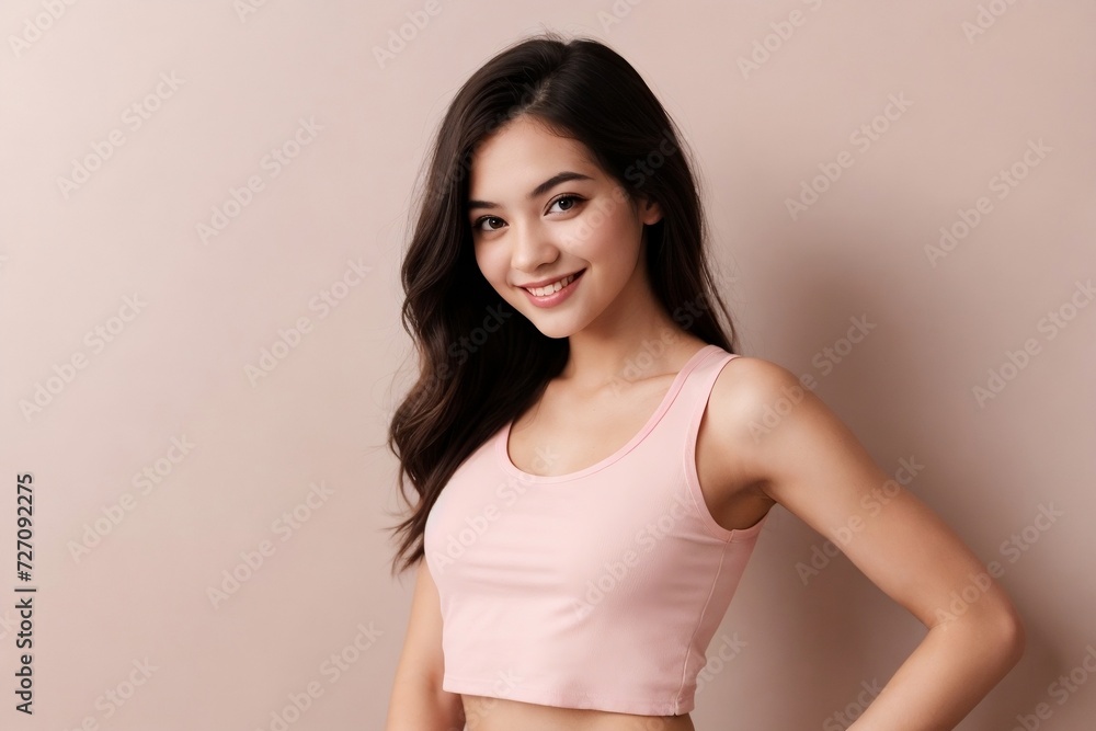 Attractive girl wearing a cropped tank top standing against a pink background with copy space. Attractive girl wearing a cropped tank top standing against a pink background with copy space.