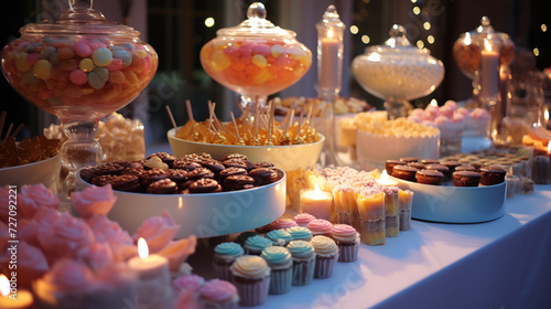 Sweets table for a celebration, cakes and desserts, best selling,  candy bar, evening celebration, sweets decoration
