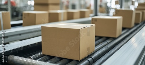 Multiple cardboard box packages moving along a conveyor belt in a busy warehouse facility