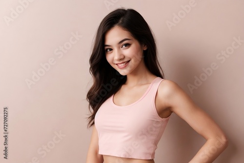 Attractive girl wearing a cropped tank top standing against a pink background with copy space.