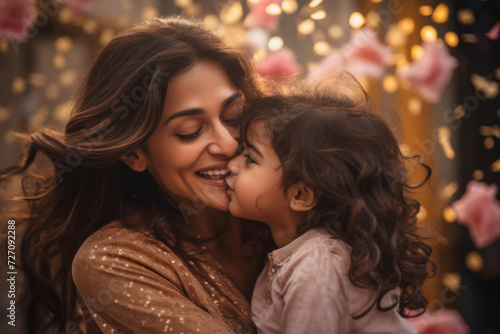 An affectionate young mother of Indian ethnicity kisses her little daughter on her birthday