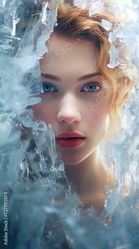 Beautiful young woman with clean fresh skin looking through a ice. Concept of cold treatment in physiotherapy, cosmetology, slowing down aging, prolonging youth. Cryotherapy banner.