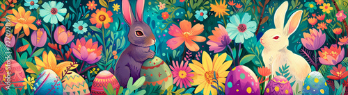 Colorful Easter wallpaper pattern with bunnies  flowers and eggs.