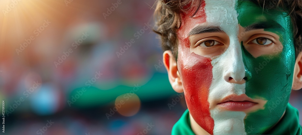 Obraz premium Italian man with flag face paint at football game, blurry stadium background with space for text.