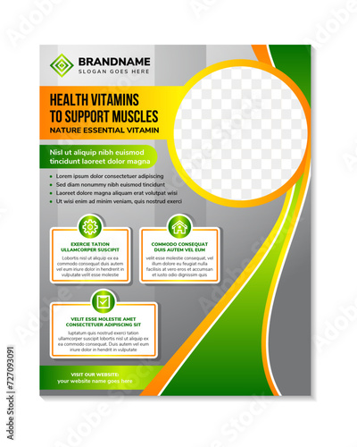 Creative Promotional Banner Vector. Advertising Poster for health vitamins to support muscles. vertical layout Template Illustration. grey gradient background with yellow green on elements.