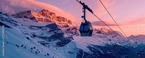 The cable car is in operation in winter with the icy mountains in the background