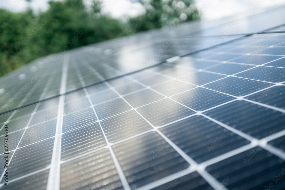 Fototapeta premium Close-up of Solar cell farm power plant eco technology.landscape of Solar cell panels in a photovoltaic power plant.concept of sustainable resources and renewable energy. 