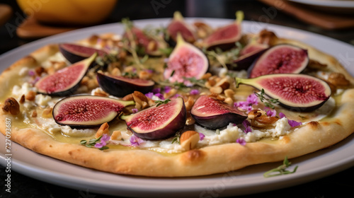 Fig, red onion, goat cheese, and honey added to French Tarte Flambee (Flammkuchen) 
