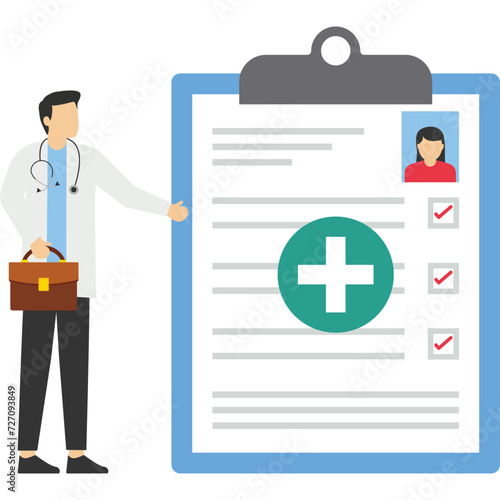 Health care medicine and doctors concept. Young smiling female physician or nurse with recommendations, advice, memo in her hands on blue background. Information illustration. Flat cartoon vector.

