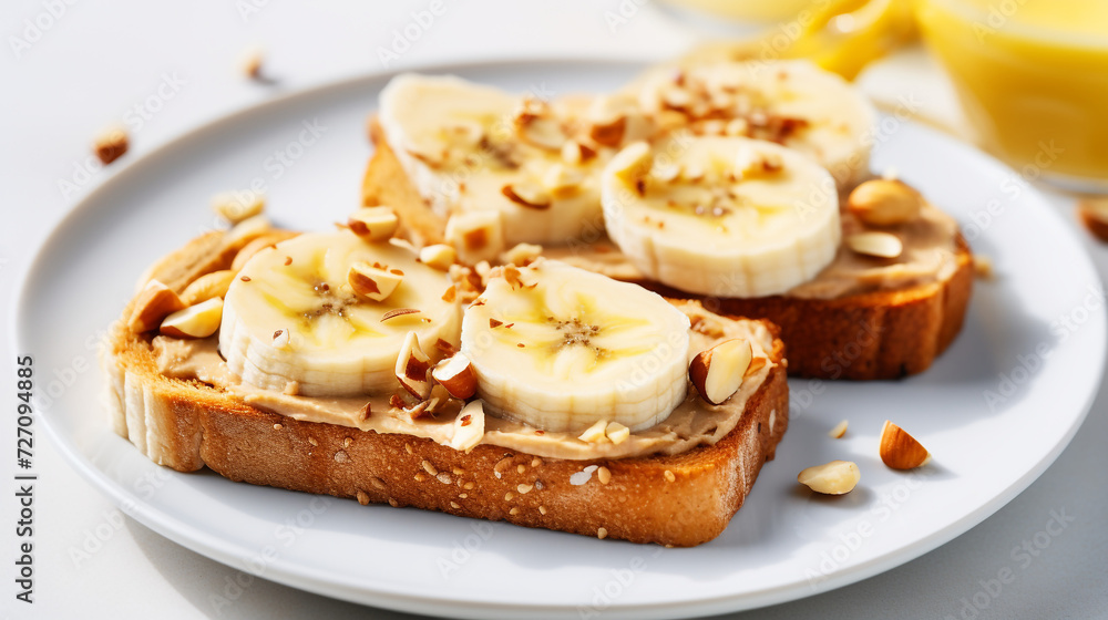 Toast with nut butter, banana slices and cashews on white table, closeup Toast with nut butter, banana slices and cashews on white table, closeup
