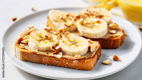 Toast with nut butter, banana slices and cashews on white table, closeup