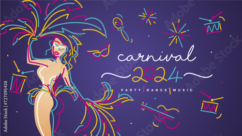 Carnival 2024 banner. Party girl colorful masked with carnival elements drums rattles guitar sparkle firework isolated on purple background