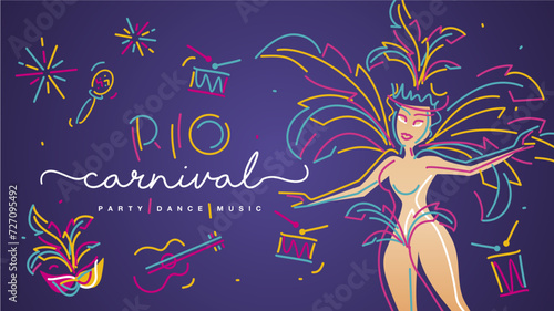 Rio Carnival 2024 party dance music. Party girl colorful masked with carnival elements drums rattles guitar sparkle firework isolated on purple background